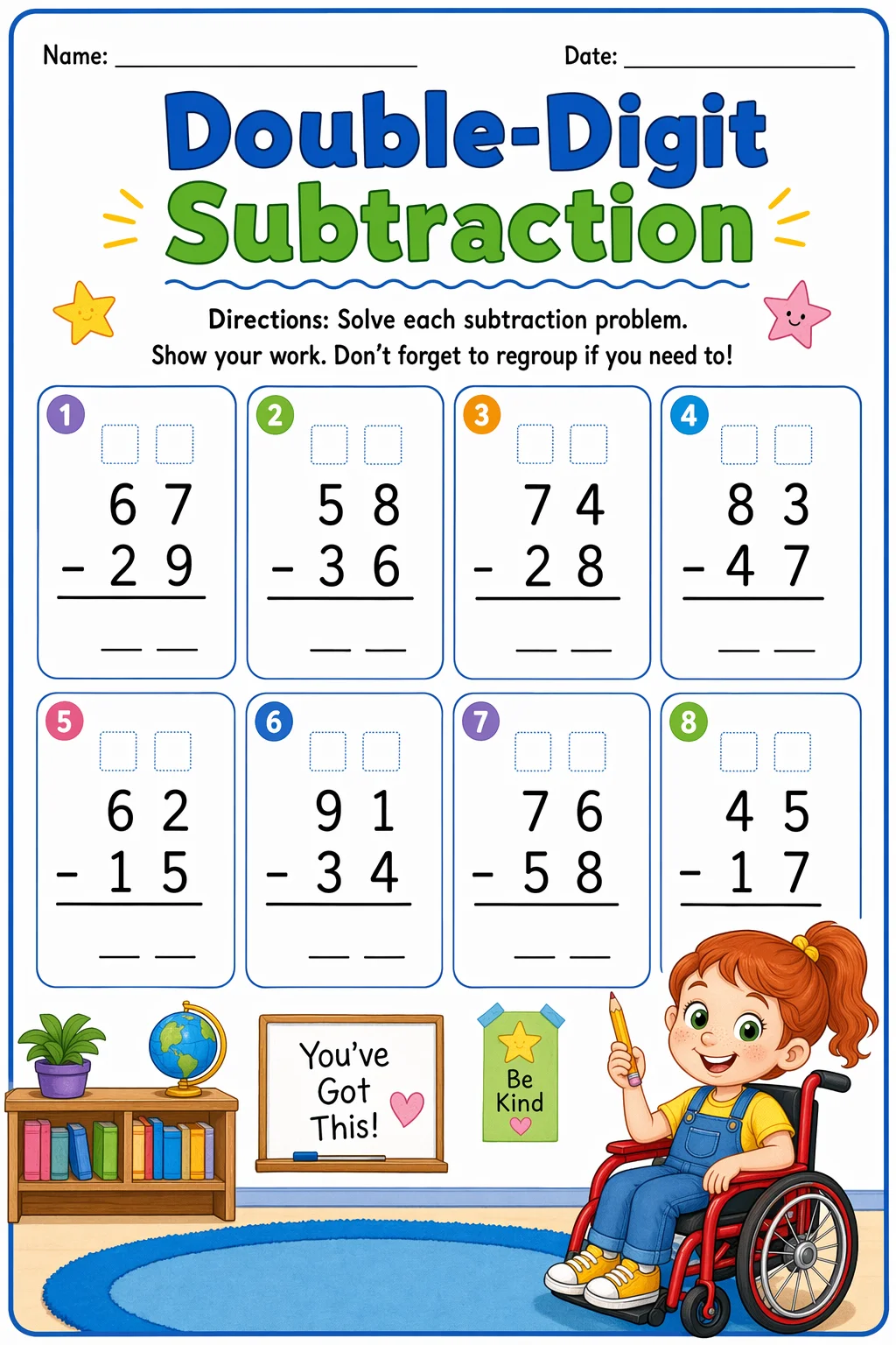 Subtraction Worksheet — school room — free 2nd Grade worksheet