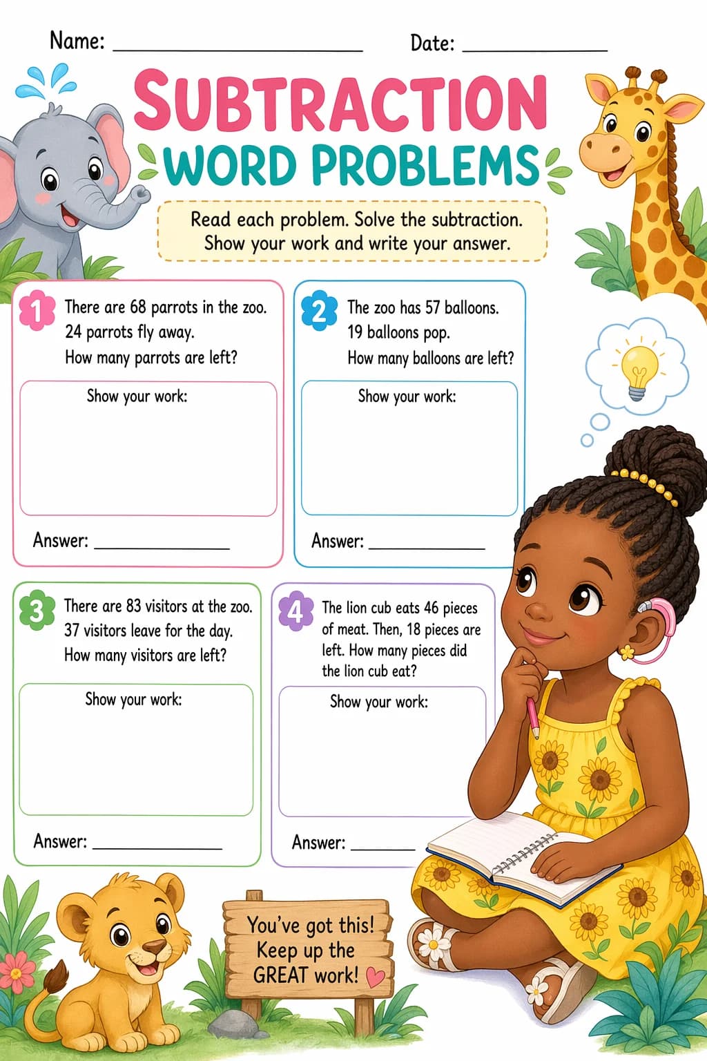 Subtraction Worksheet — zoo animals — free 2nd Grade worksheet