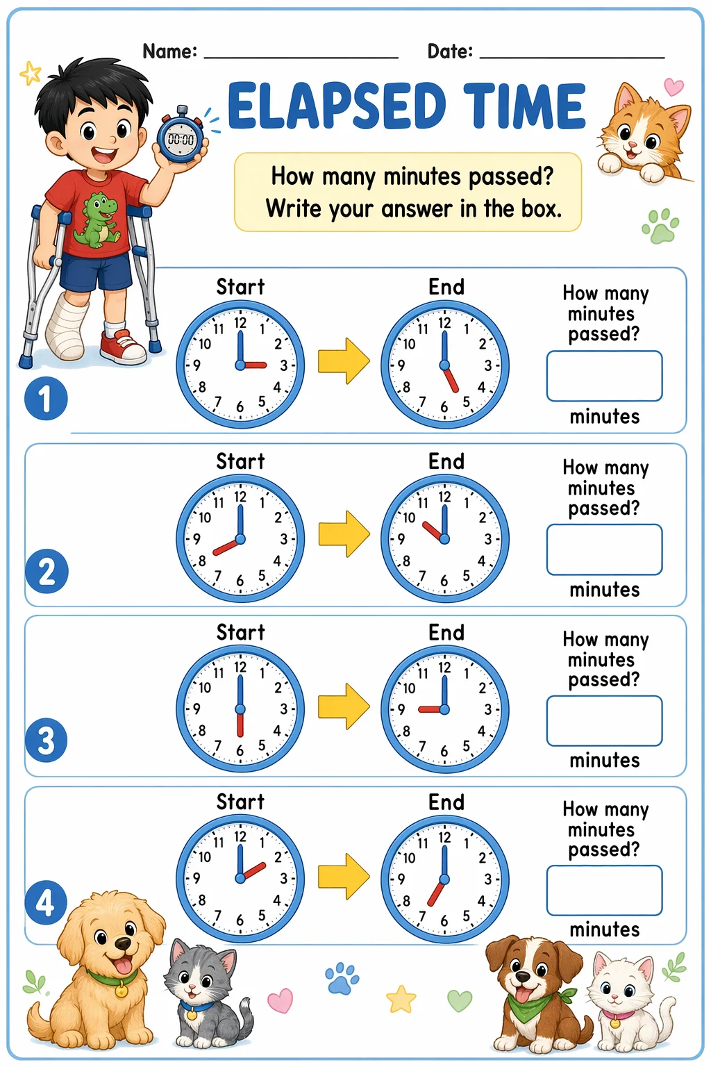 Telling Time Worksheet — pets — free 2nd Grade worksheet