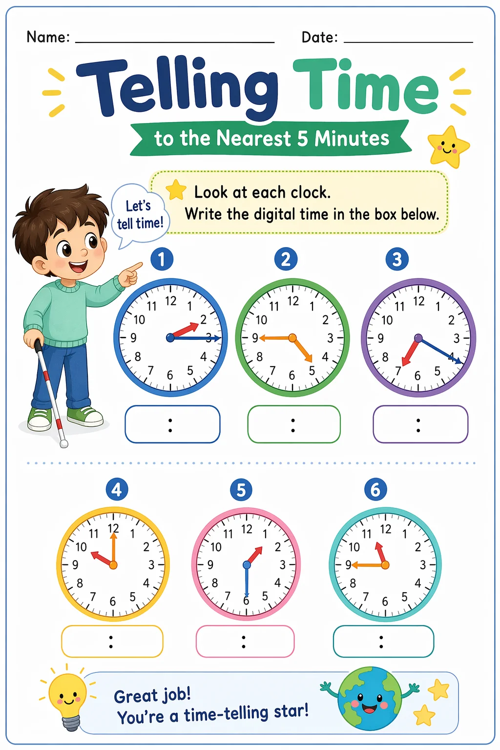 Telling Time Worksheet — school room — free 2nd Grade worksheet