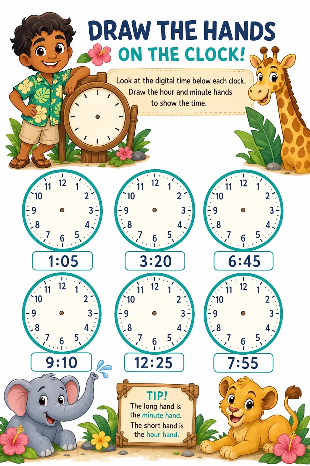 Telling Time Worksheet — zoo animals — free 2nd Grade worksheet