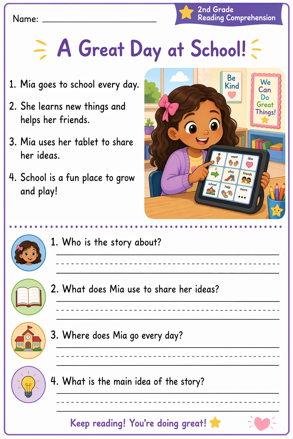 Reading Comprehension Worksheet — school room — free 2nd Grade worksheet