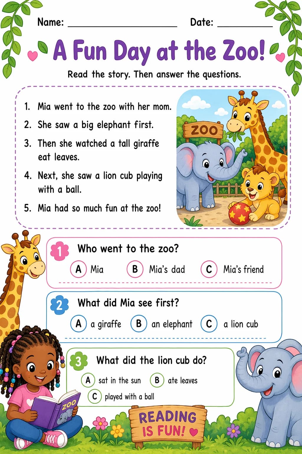 Reading Comprehension Worksheet — zoo animals — free 2nd Grade worksheet