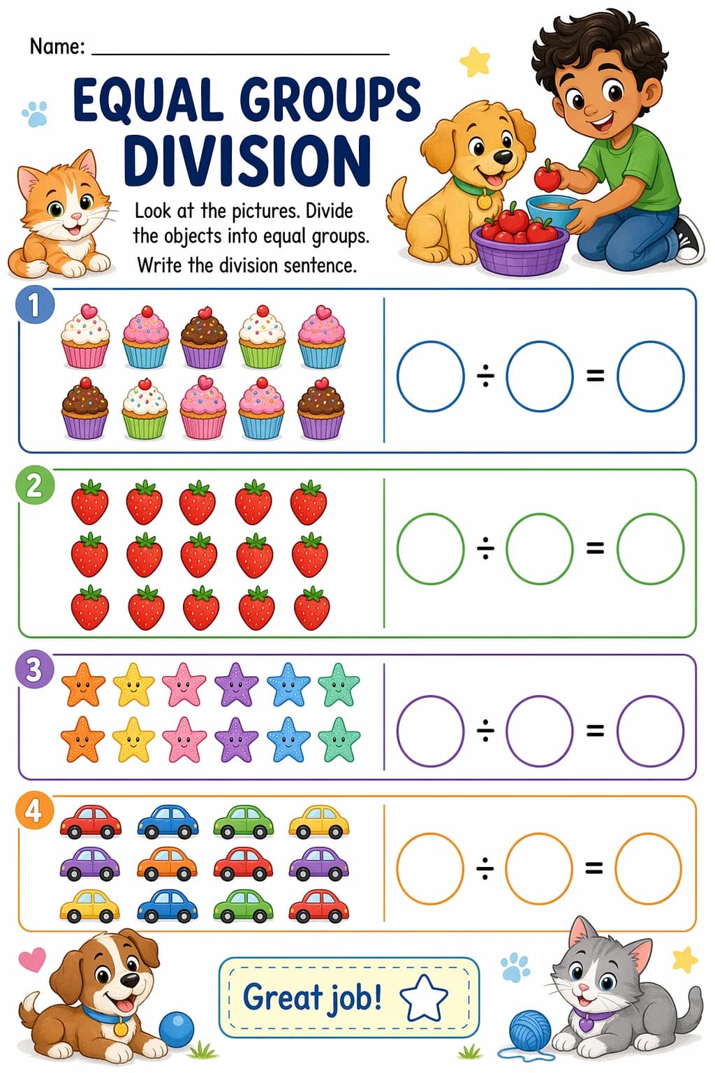 Division Worksheet — pets — free 3rd Grade worksheet