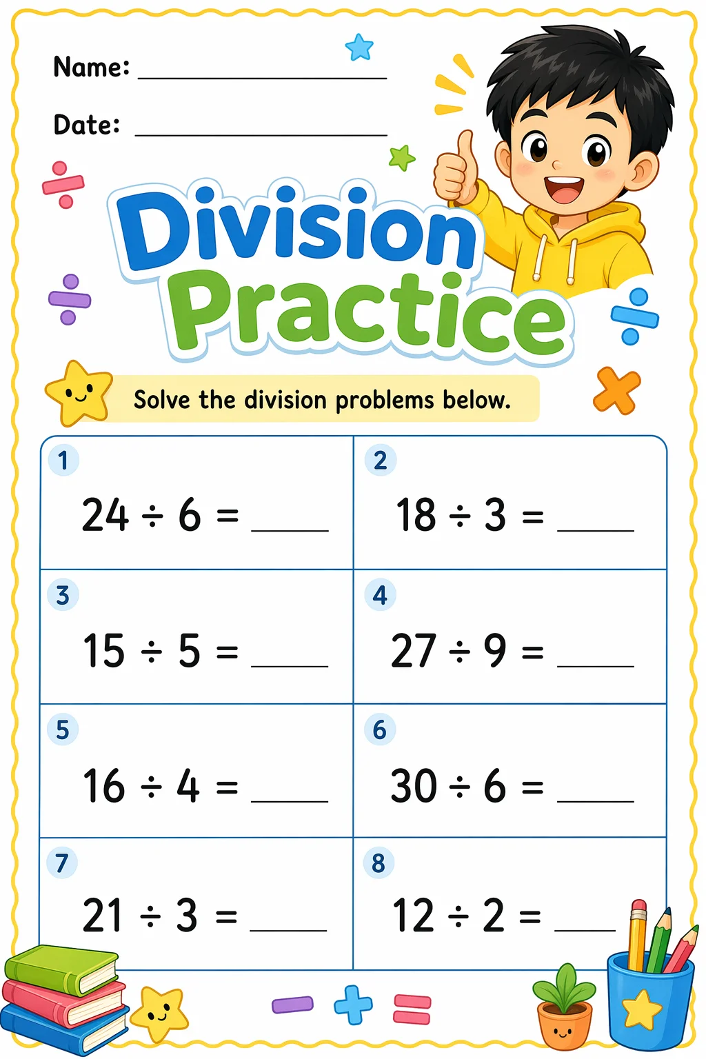 Division Worksheet — school room — free 3rd Grade worksheet
