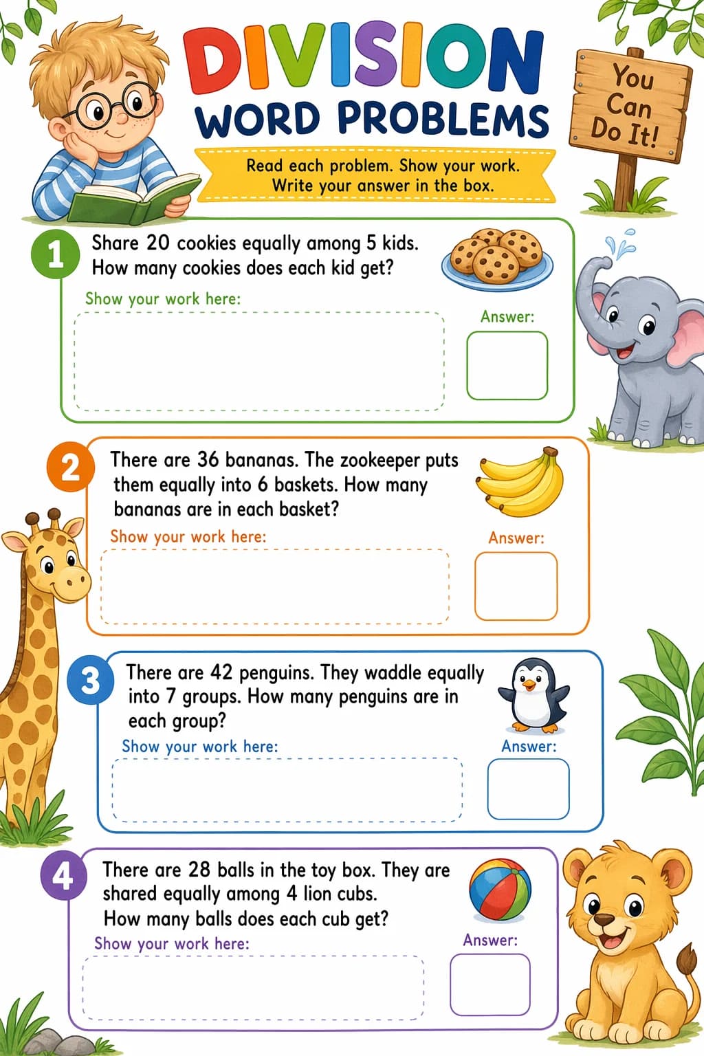 Division Worksheet — zoo animals — free 3rd Grade worksheet