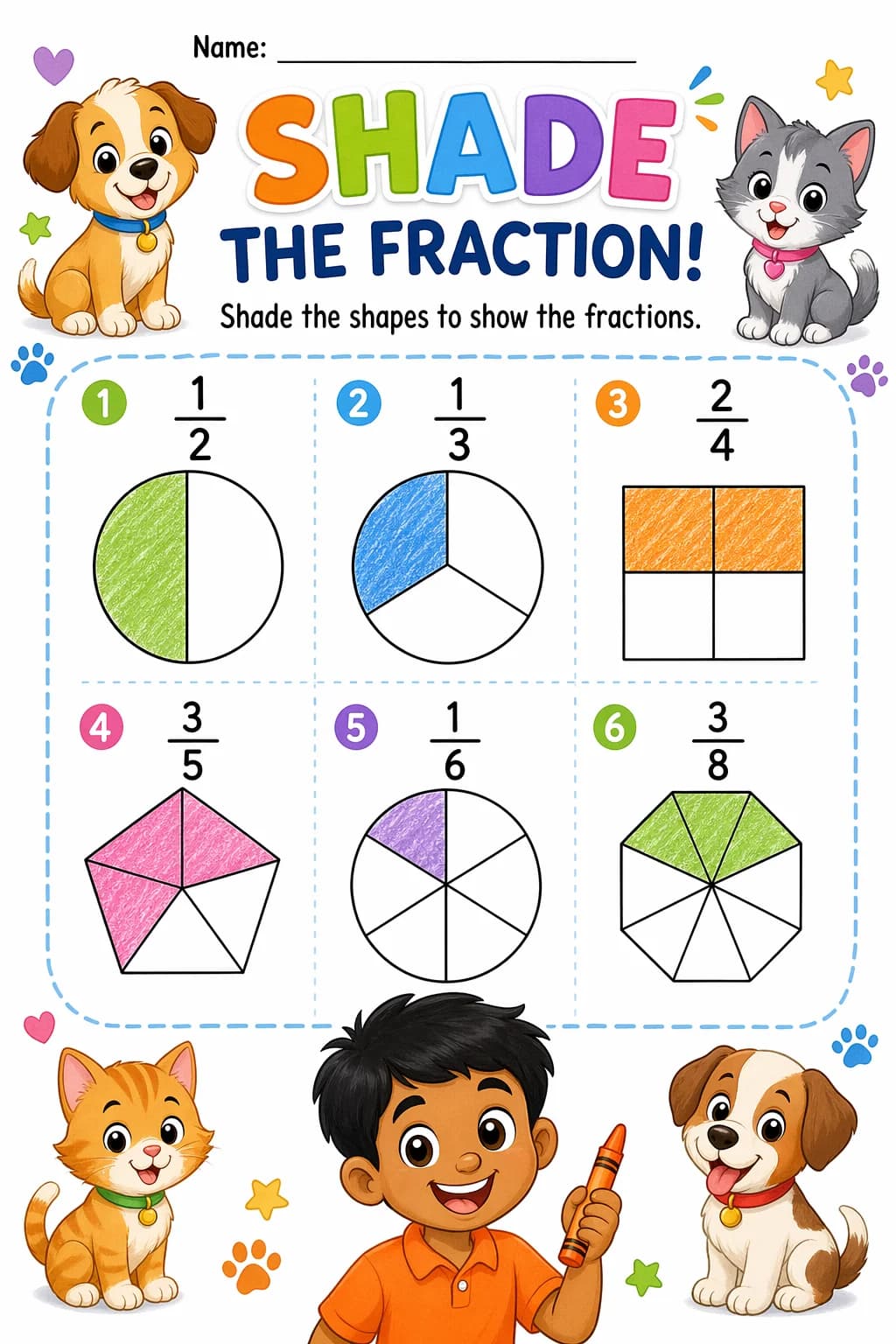 Fractions Worksheet — pets — free 3rd Grade worksheet