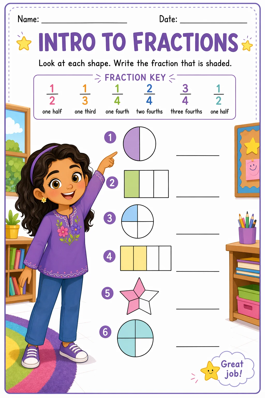 Fractions Worksheet — school room — free 3rd Grade worksheet