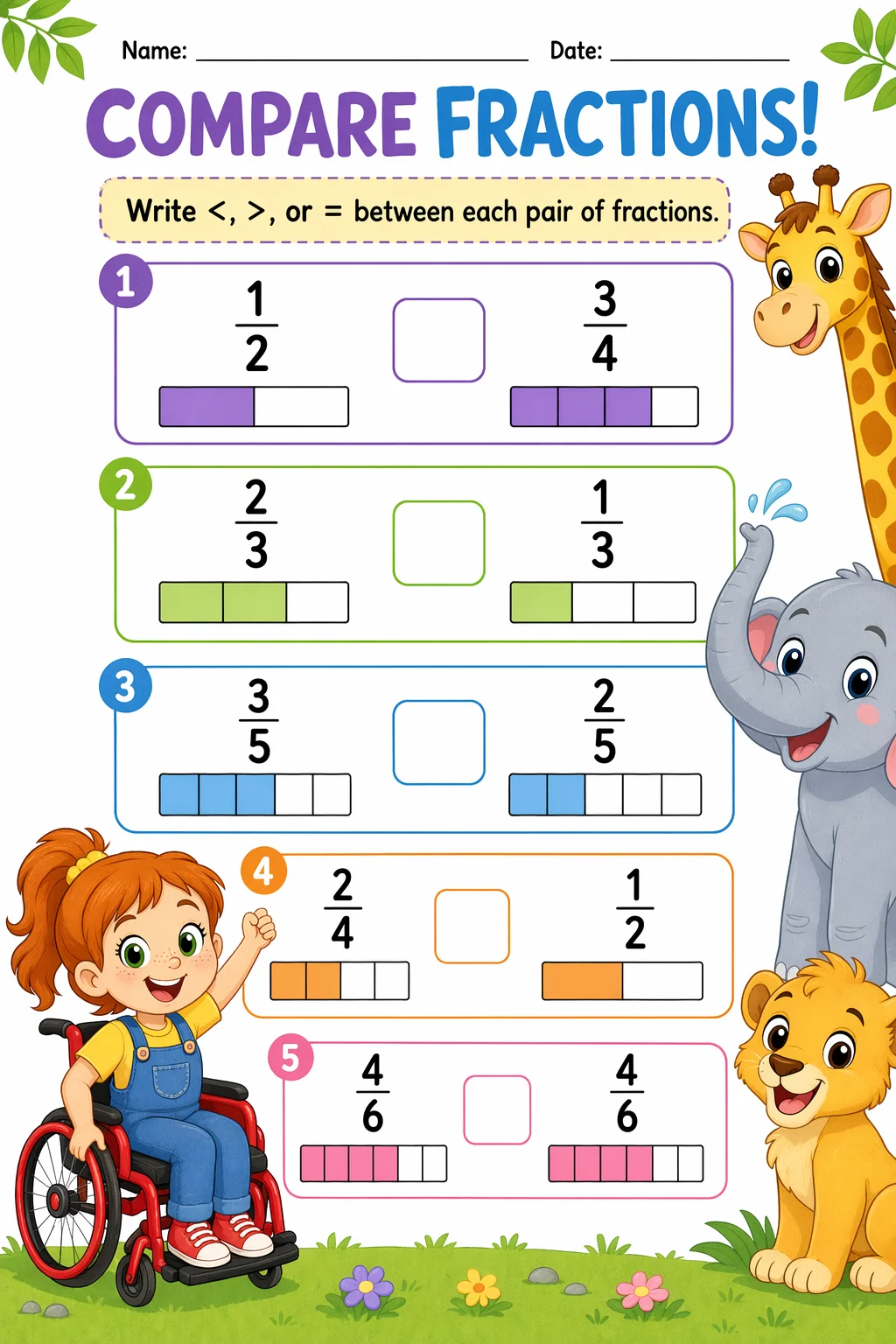 Fractions Worksheet — zoo animals — free 3rd Grade worksheet