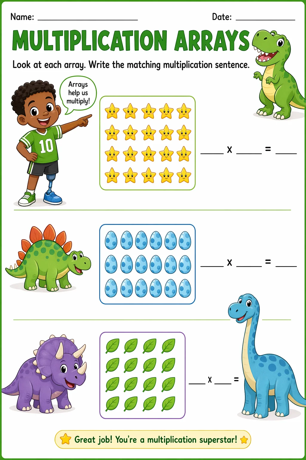 Multiplication Worksheet — dinosaurs — free 3rd Grade worksheet