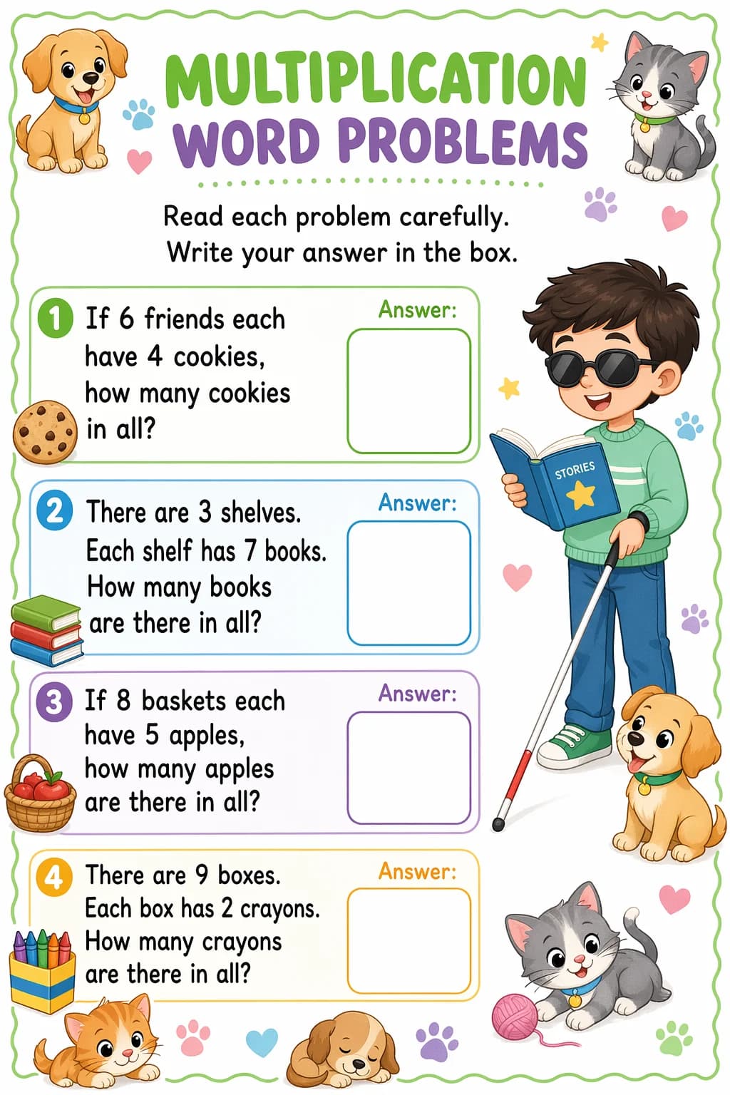 Multiplication Worksheet — pets — free 3rd Grade worksheet