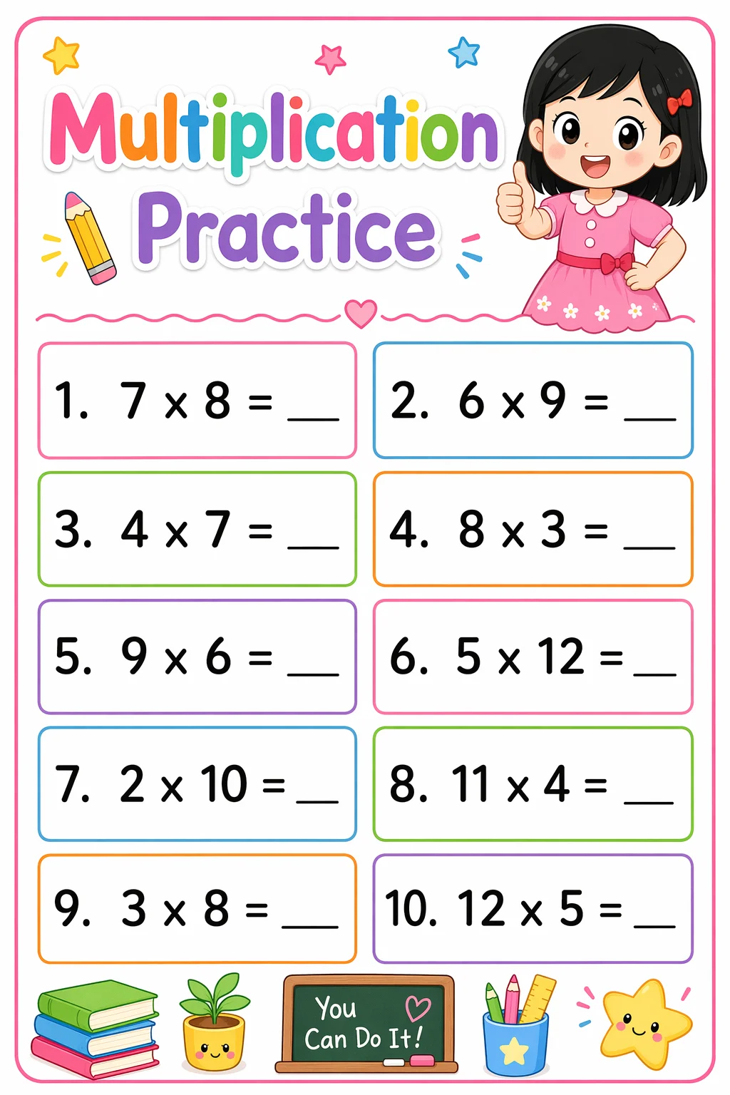 Multiplication Worksheet — school room — free 3rd Grade worksheet