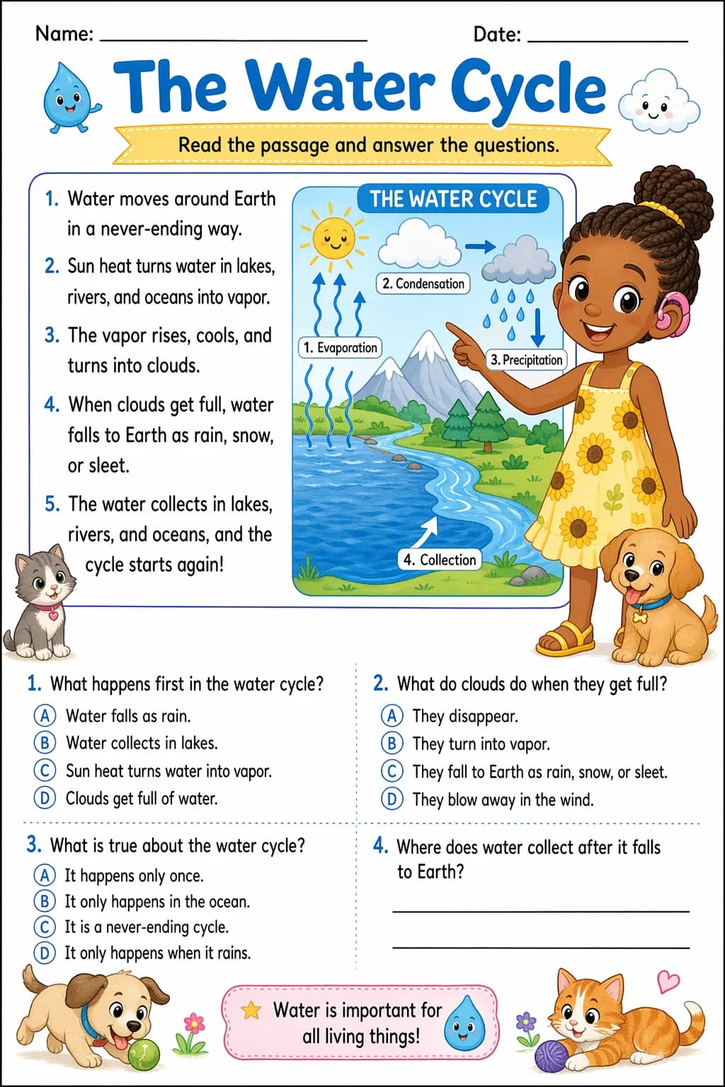 Reading Comprehension Worksheet — pets — free 3rd Grade worksheet
