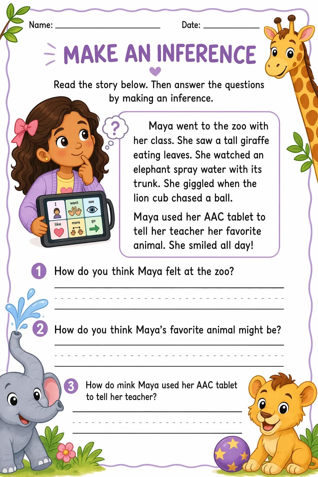 Reading Comprehension Worksheet — zoo animals — free 3rd Grade worksheet