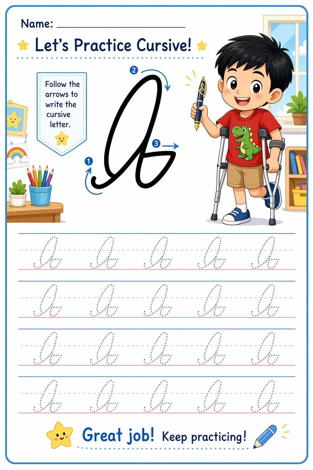 Cursive Worksheet — school room — free 3rd Grade worksheet