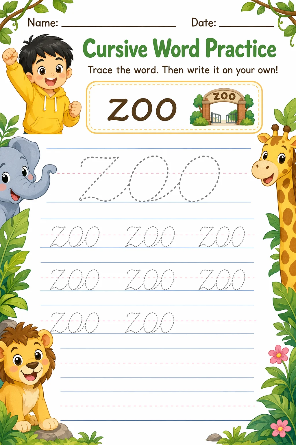 Cursive Worksheet — zoo animals — free 3rd Grade worksheet