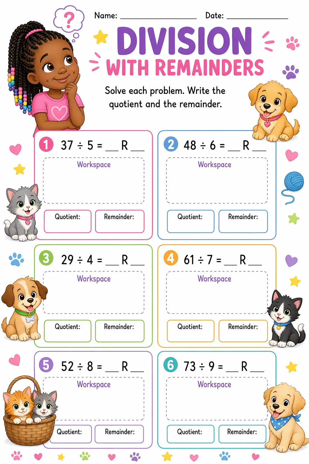 Division Worksheet — pets — free 4th Grade worksheet