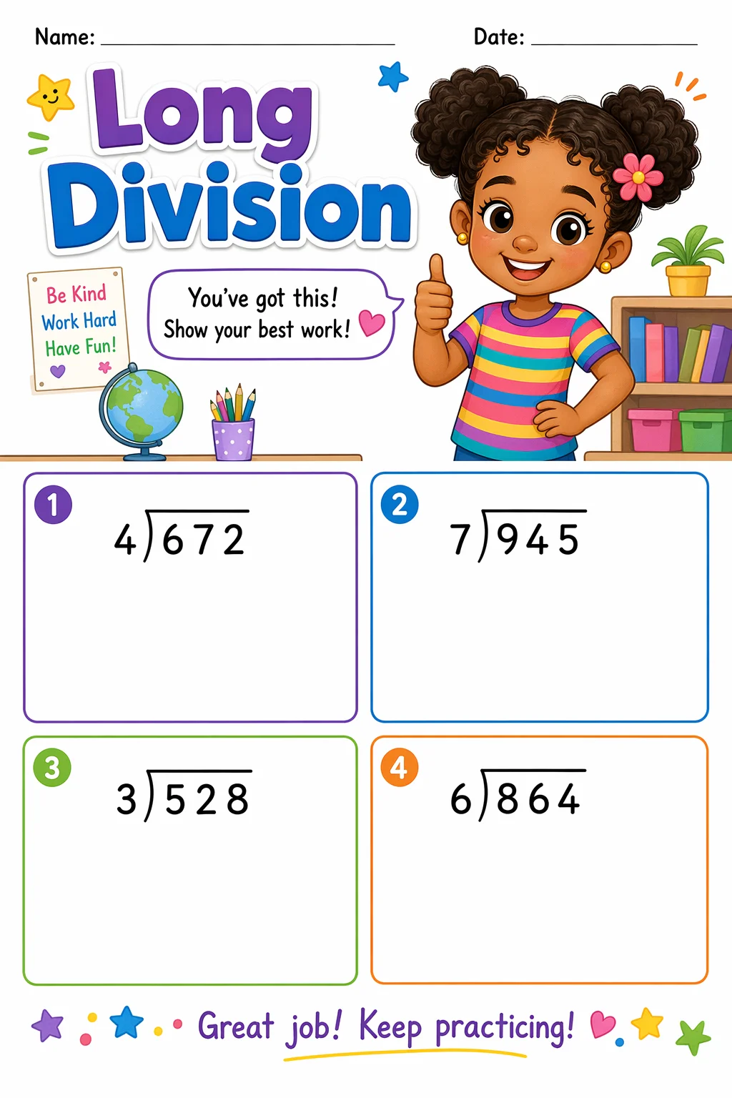 Division Worksheet — school room — free 4th Grade worksheet
