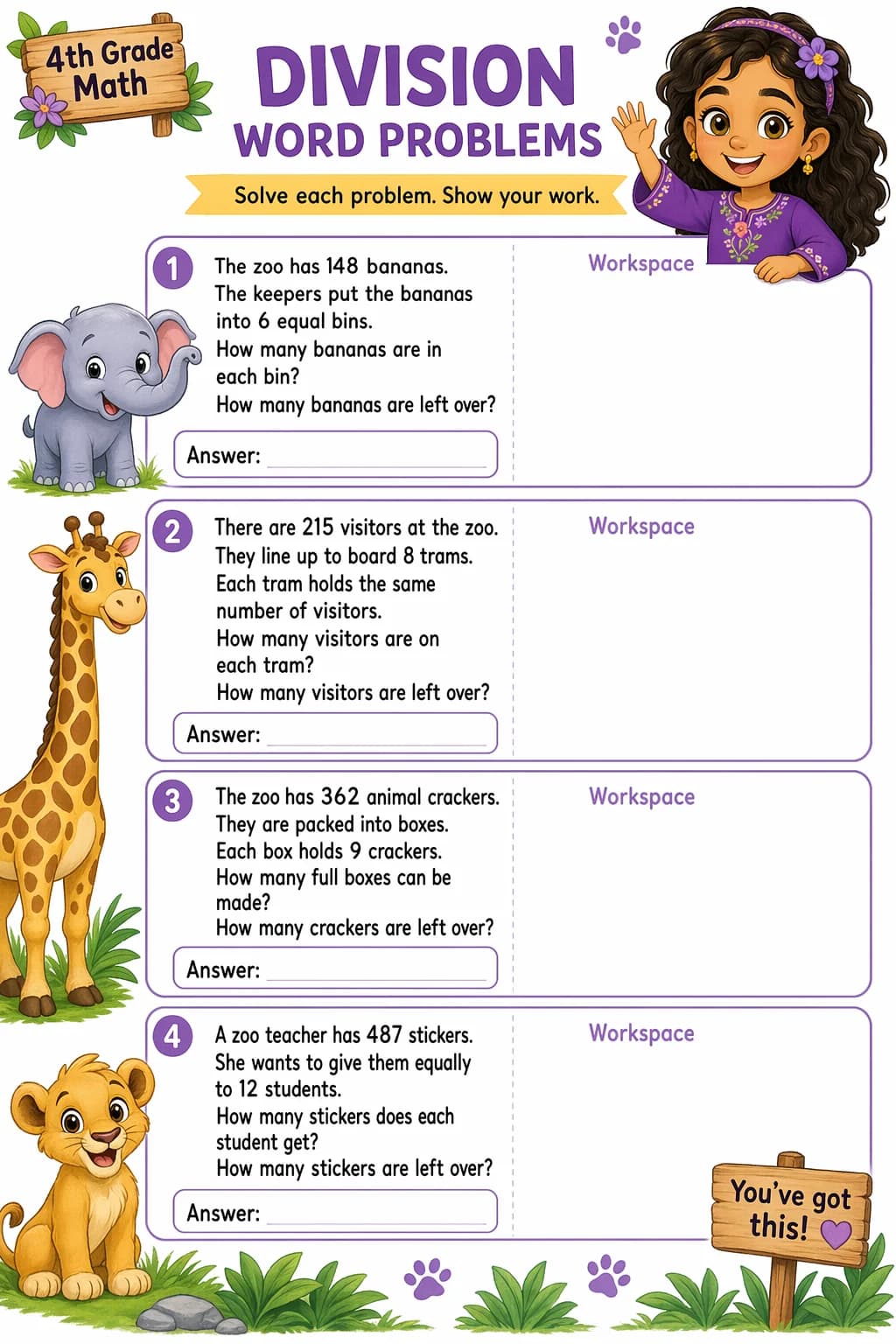Division Worksheet — zoo animals — free 4th Grade worksheet