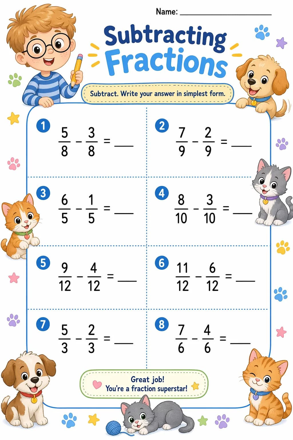 Fractions Worksheet — pets — free 4th Grade worksheet