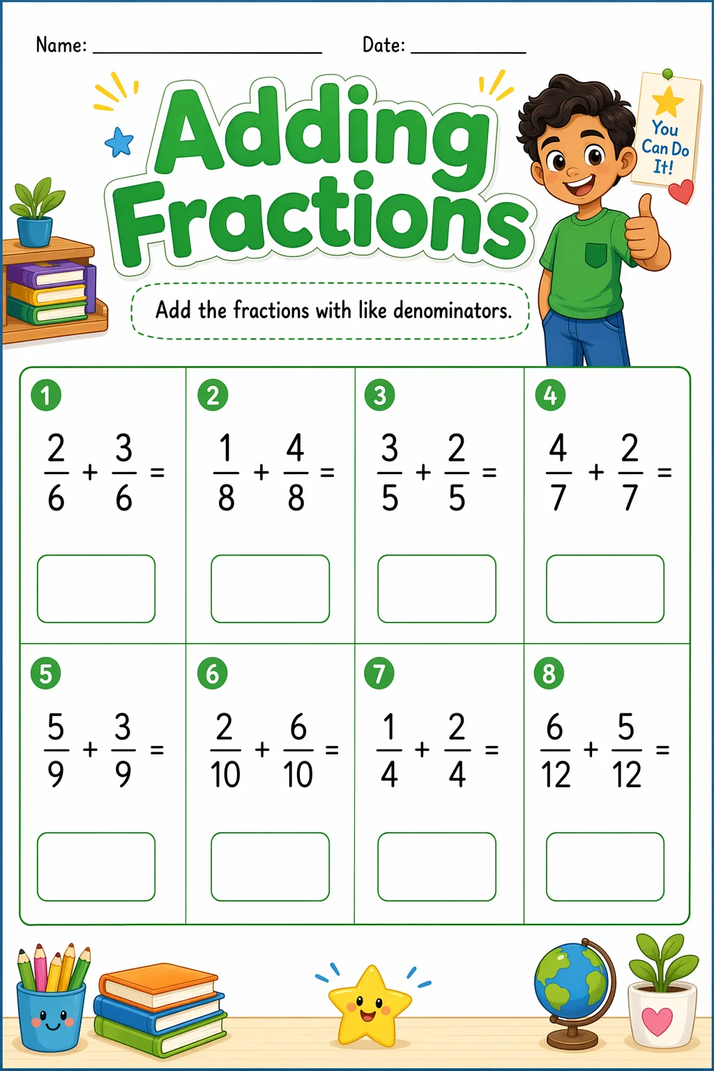 Fractions Worksheet — school room — free 4th Grade worksheet