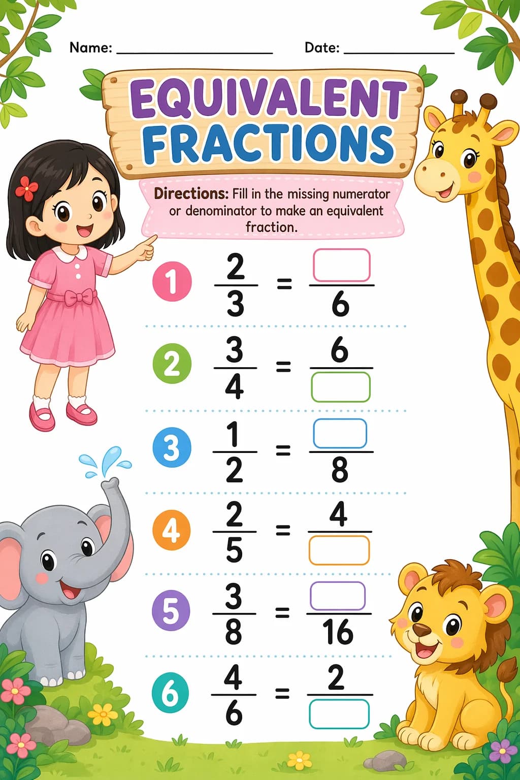 Fractions Worksheet — zoo animals — free 4th Grade worksheet