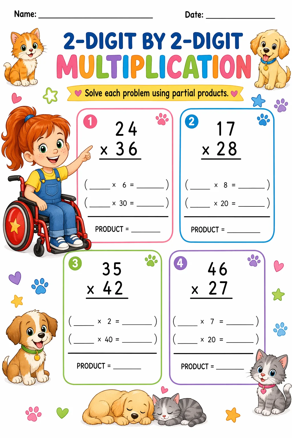 Multiplication Worksheet — pets — free 4th Grade worksheet