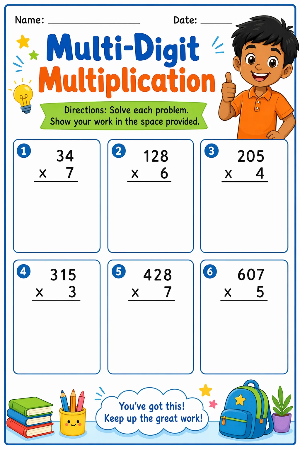 Multiplication Worksheet — school room — free 4th Grade worksheet
