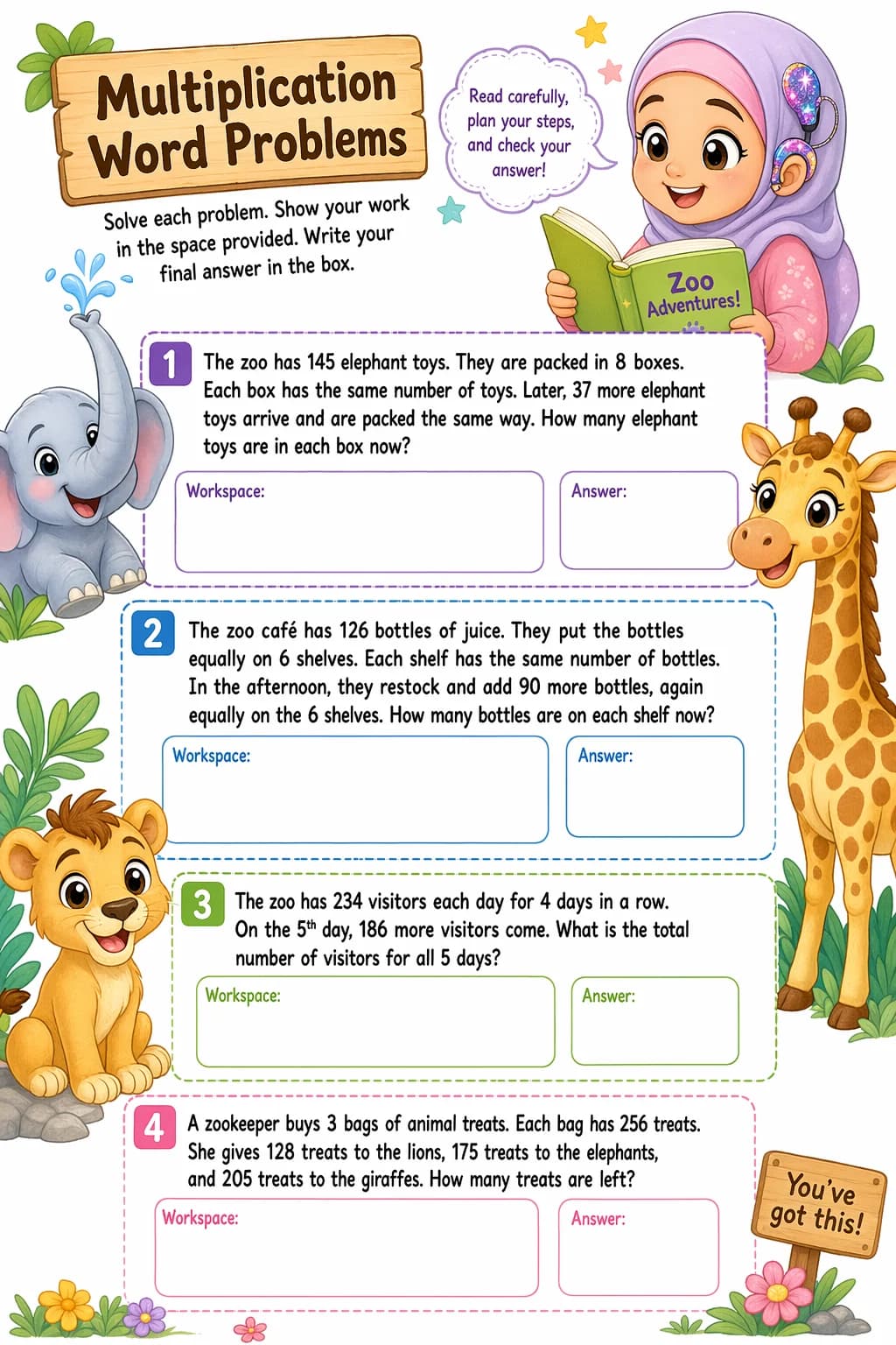 Multiplication Worksheet — zoo animals — free 4th Grade worksheet