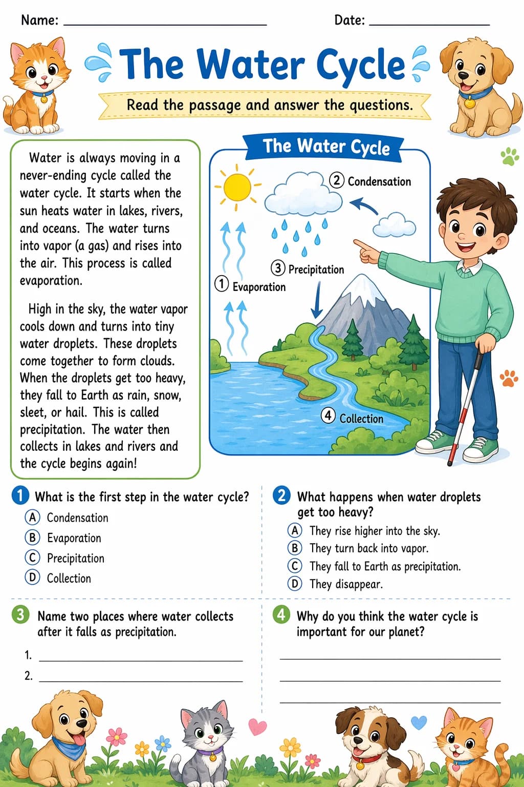 Reading Comprehension Worksheet — pets — free 4th Grade worksheet