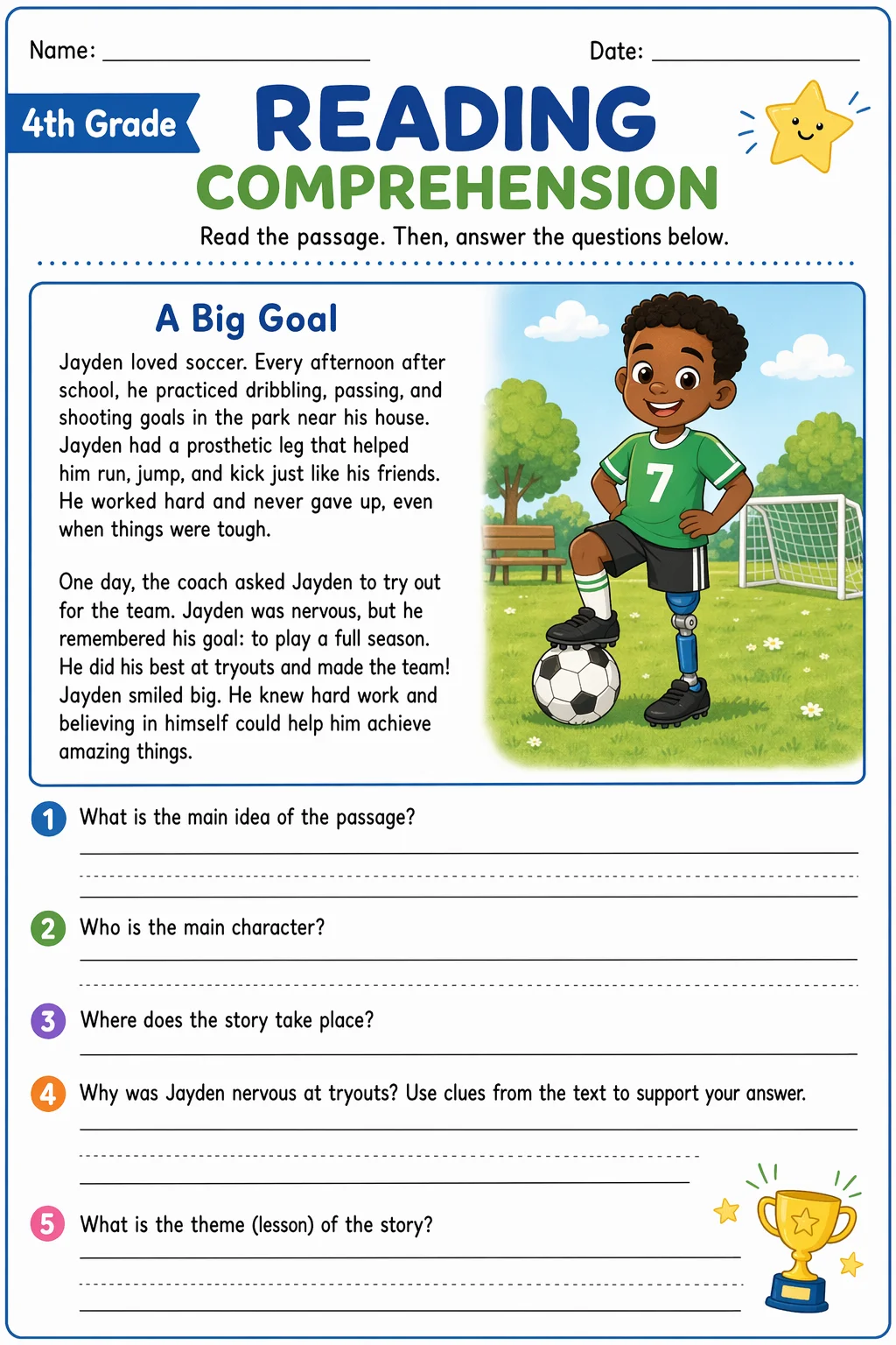 Reading Comprehension Worksheet — school room — free 4th Grade worksheet
