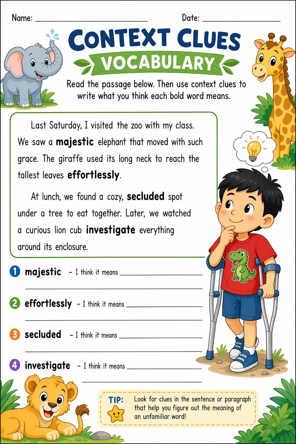 Reading Comprehension Worksheet — zoo animals — free 4th Grade worksheet