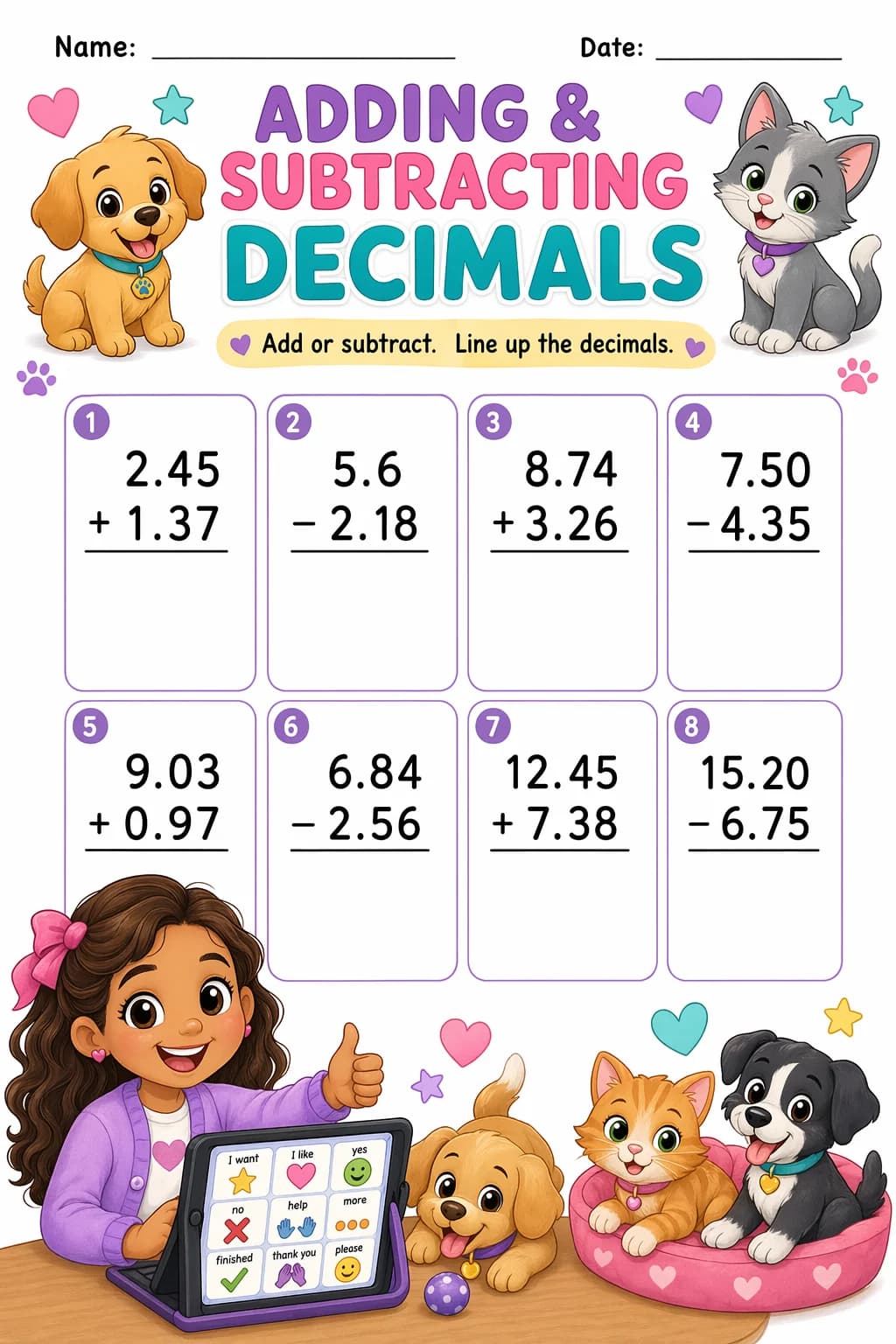 Decimals Worksheet — pets — free 5th Grade worksheet