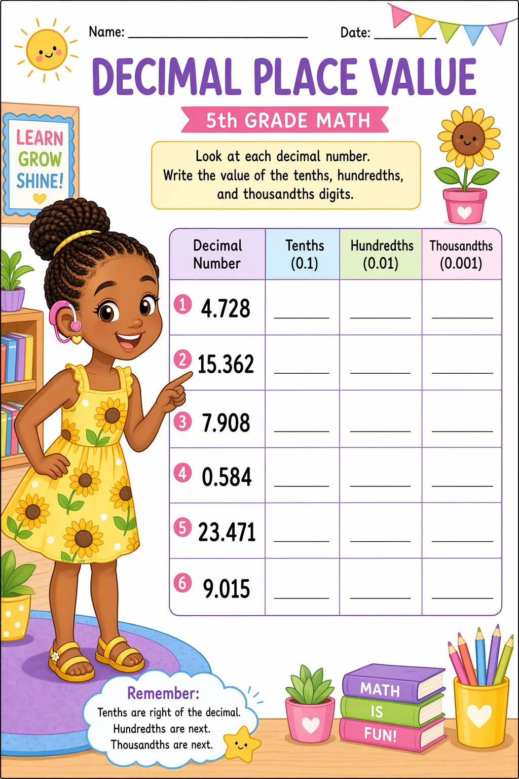 Decimals Worksheet — school room — free 5th Grade worksheet