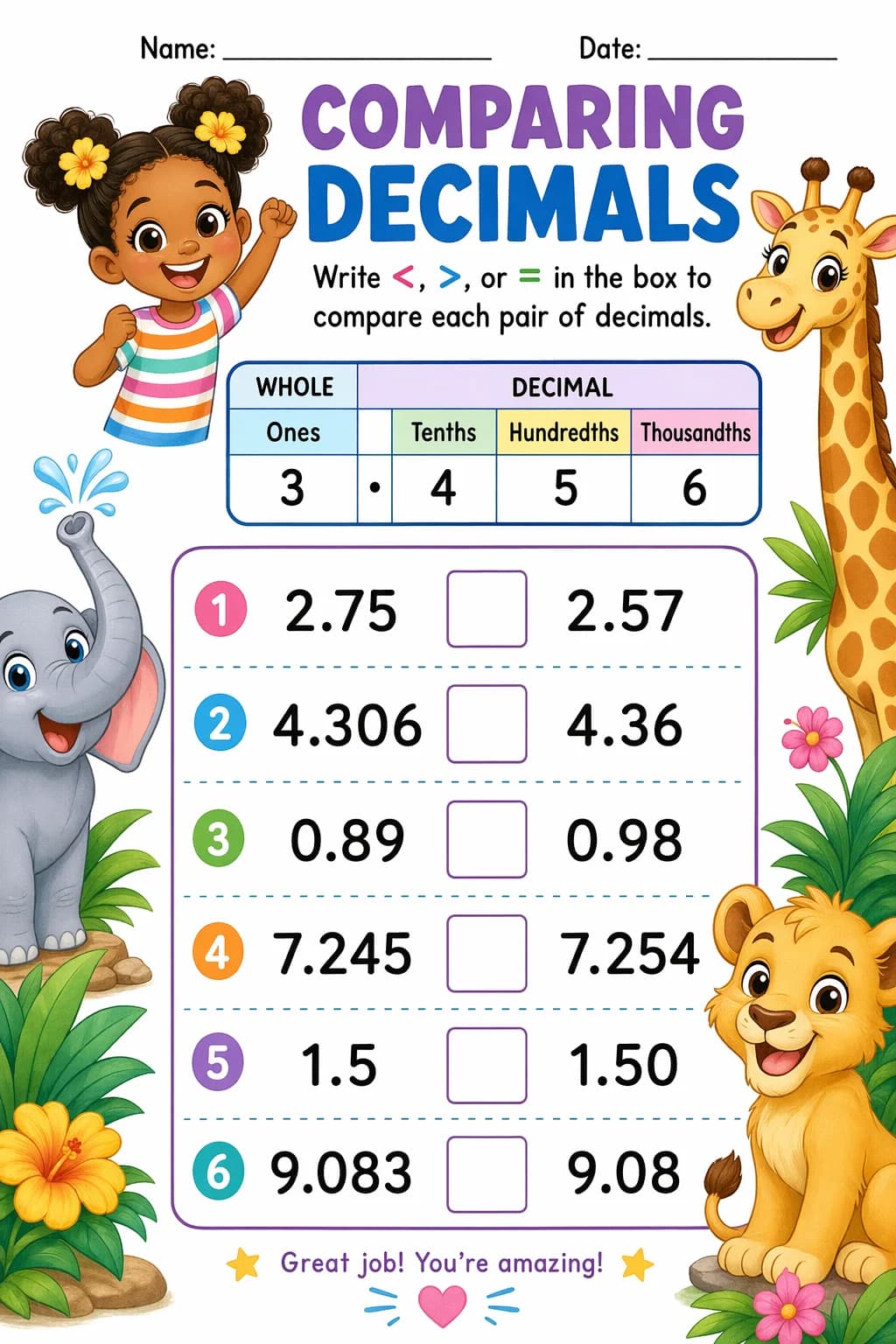 Decimals Worksheet — zoo animals — free 5th Grade worksheet