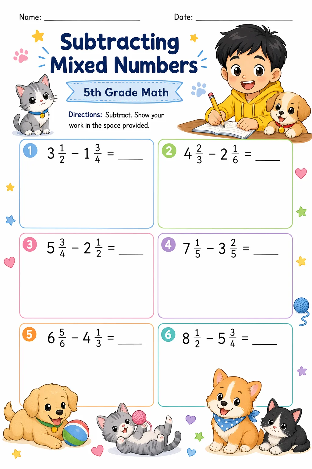 Fractions Worksheet — pets — free 5th Grade worksheet