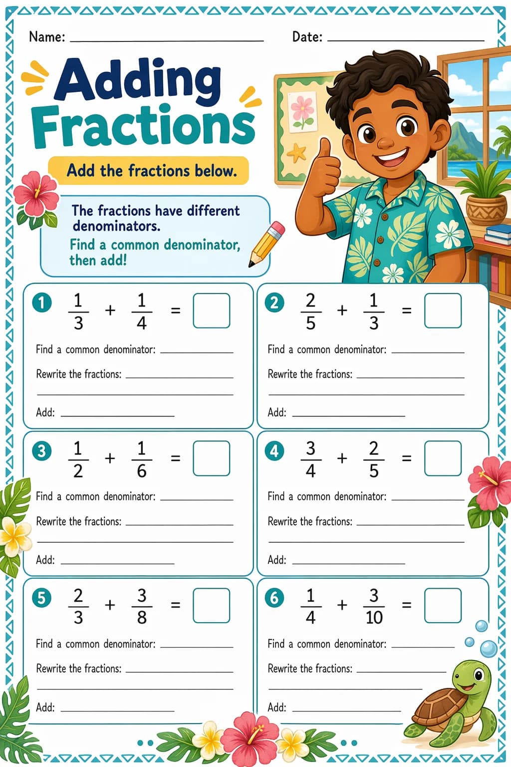 Fractions Worksheet — school room — free 5th Grade worksheet