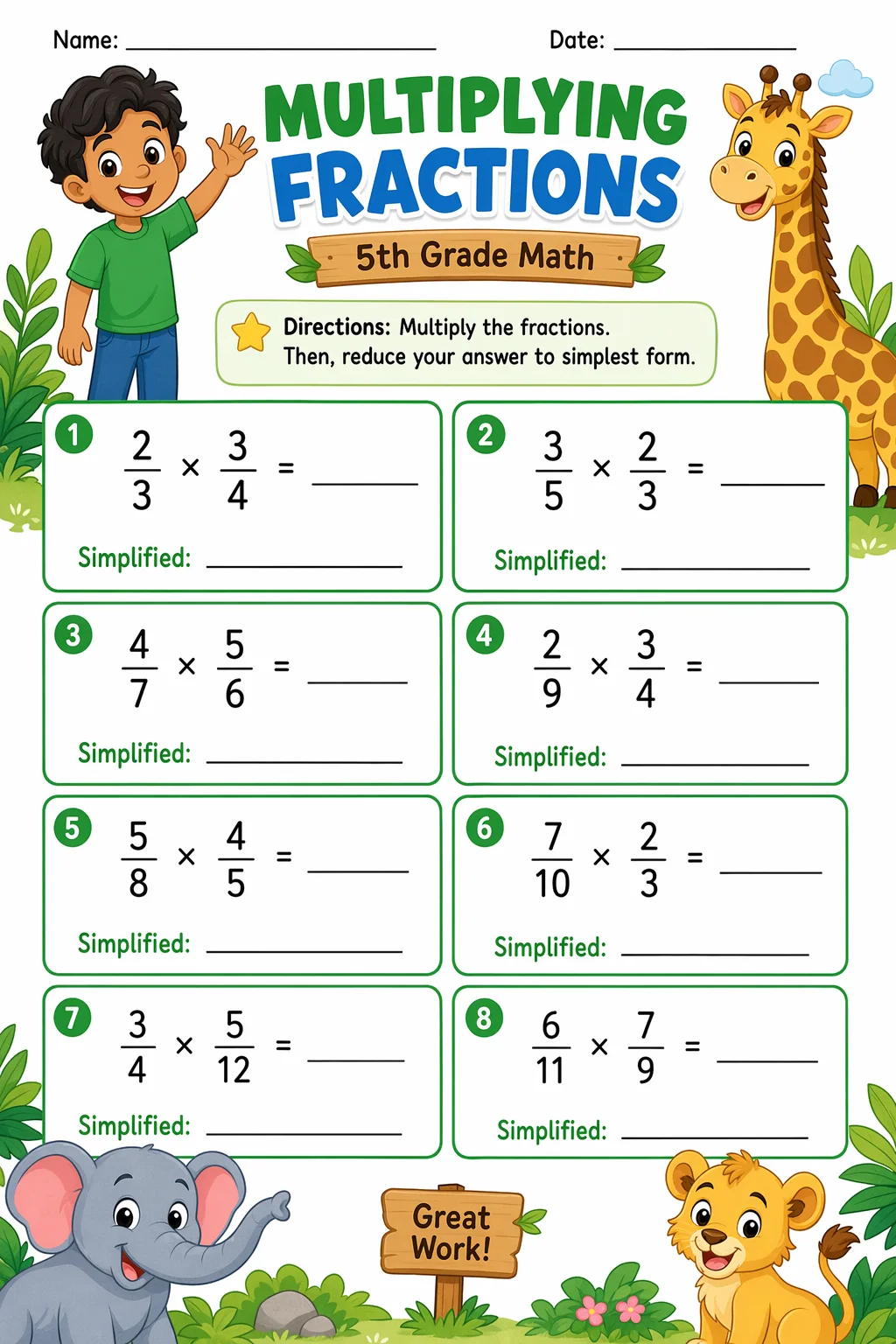 Fractions Worksheet — zoo animals — free 5th Grade worksheet