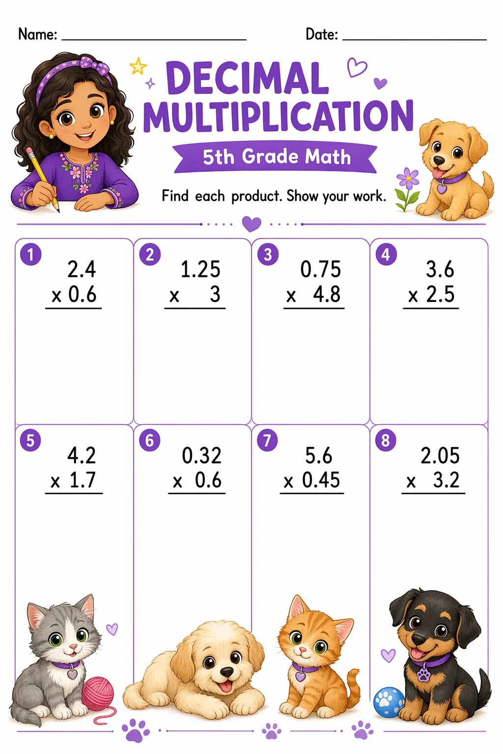 Multiplication Worksheet — pets — free 5th Grade worksheet