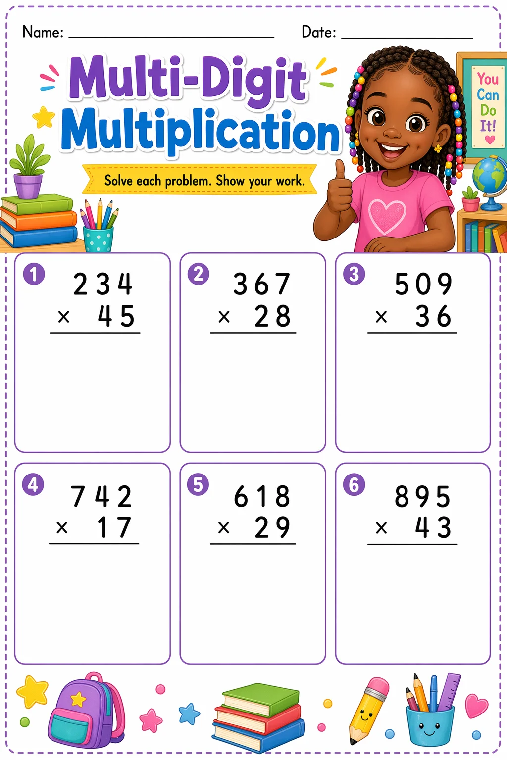 Multiplication Worksheet — school room — free 5th Grade worksheet