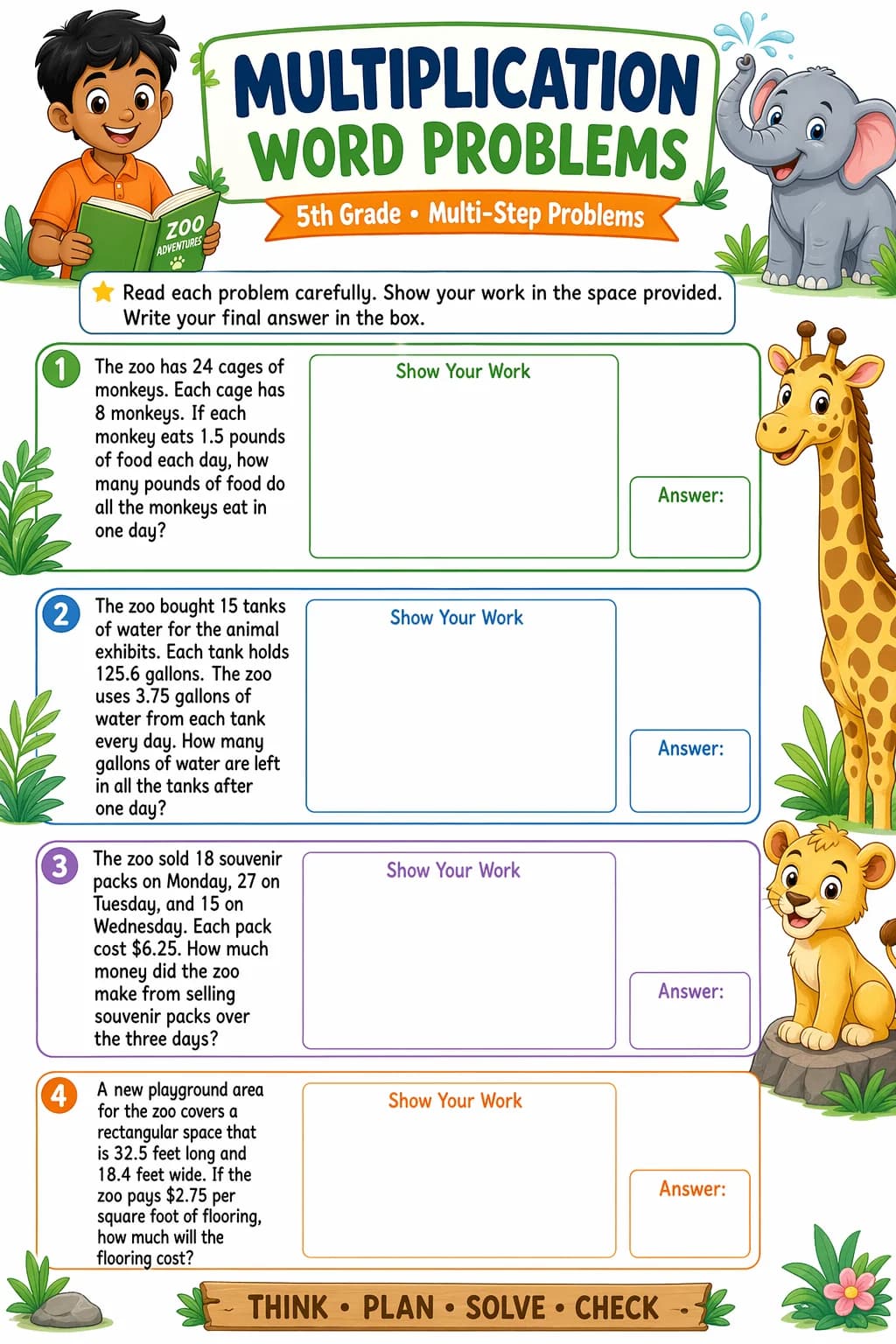 Multiplication Worksheet — zoo animals — free 5th Grade worksheet