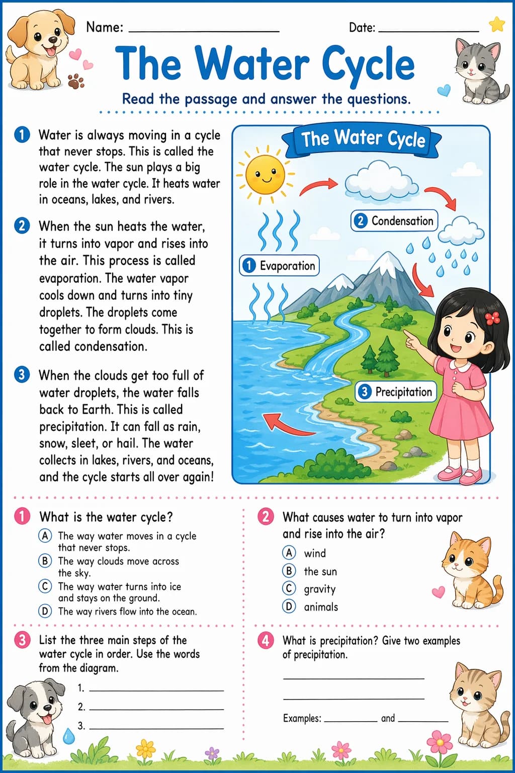 Reading Comprehension Worksheet — pets — free 5th Grade worksheet
