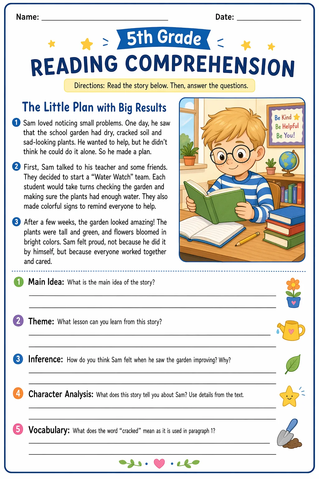 Reading Comprehension Worksheet — school room — free 5th Grade worksheet