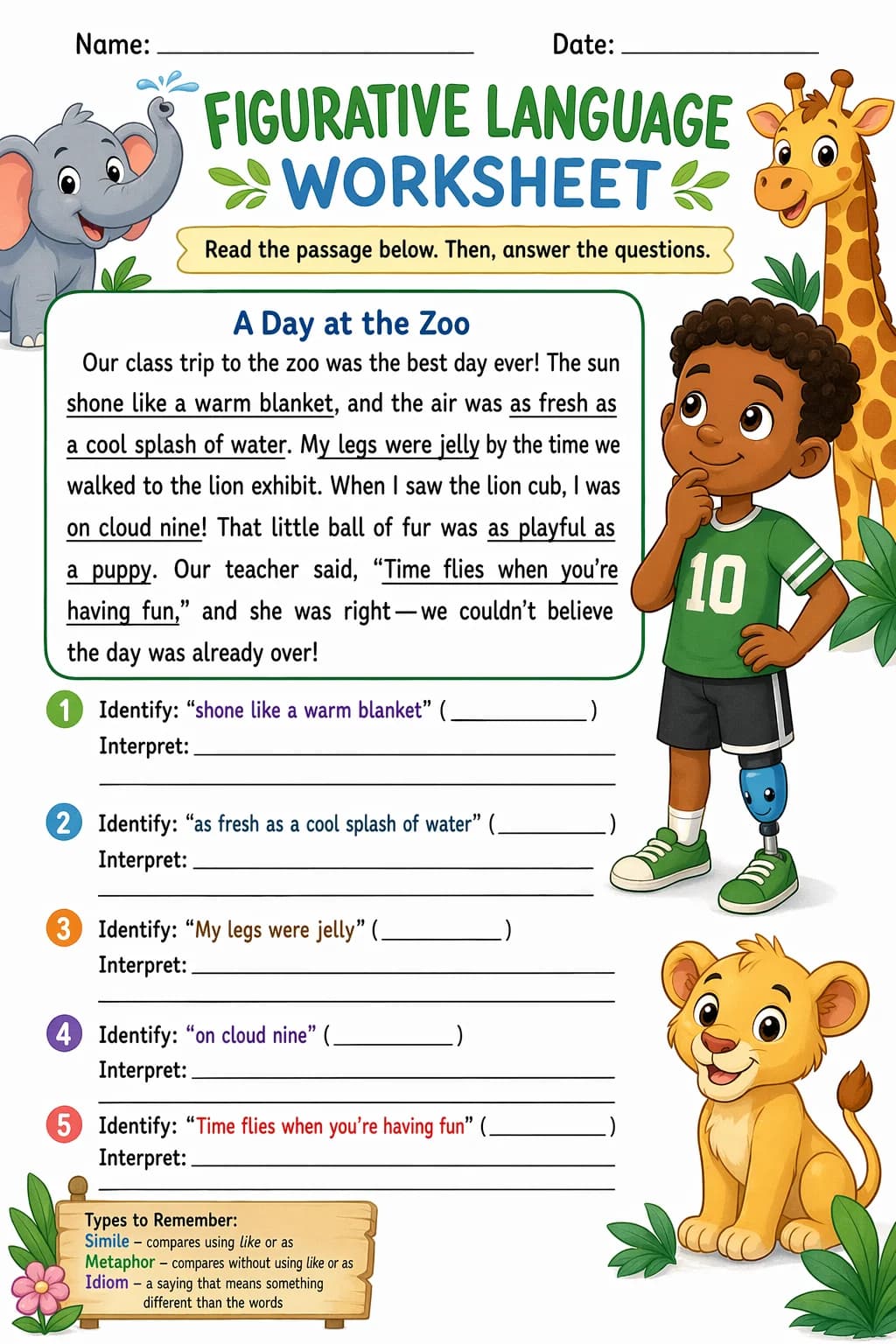 Reading Comprehension Worksheet — zoo animals — free 5th Grade worksheet