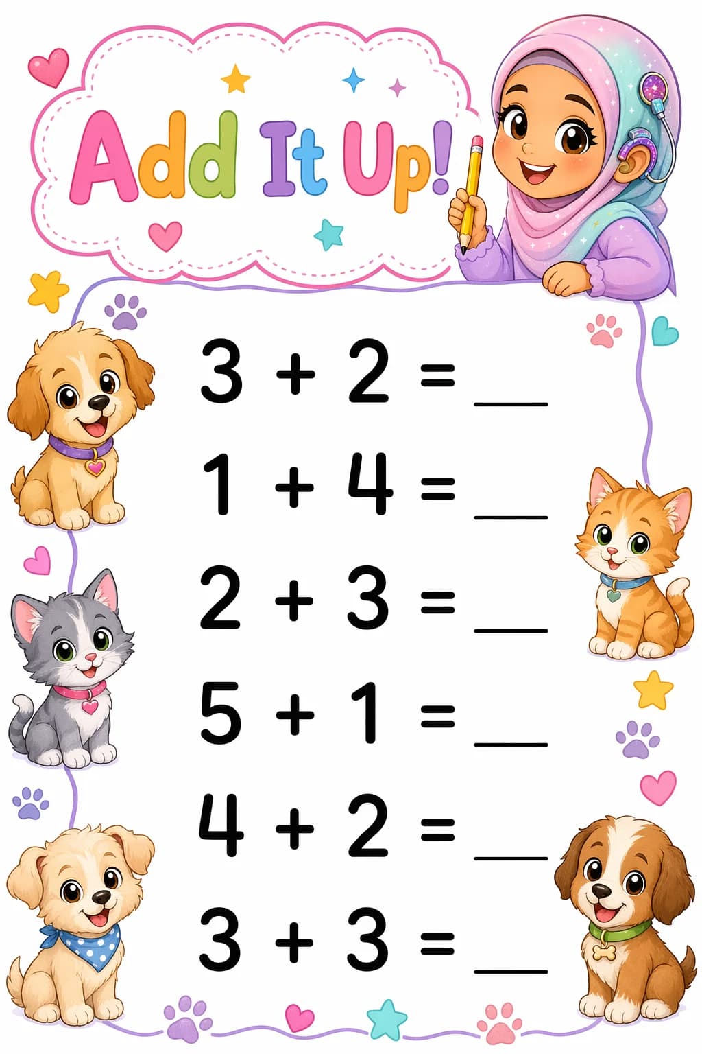 Addition Worksheet — pets — free Kindergarten worksheet
