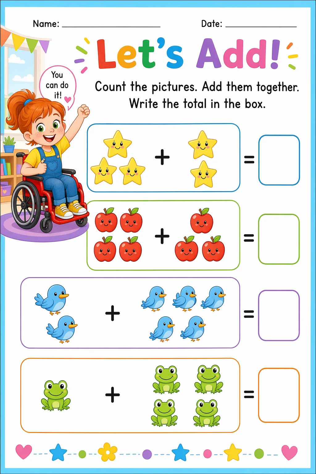 Addition Worksheet — school room — free Kindergarten worksheet