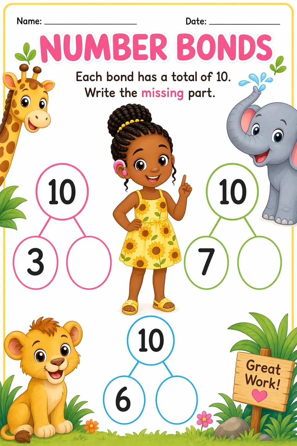 Addition Worksheet — zoo animals — free Kindergarten worksheet
