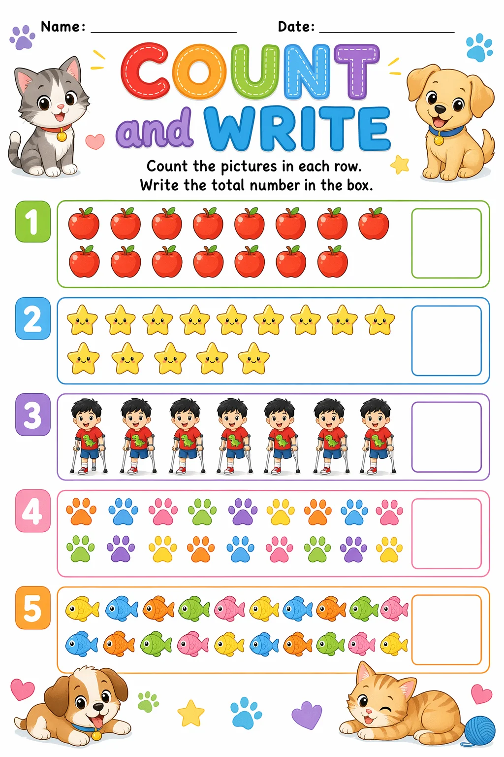 Counting Worksheet — pets — free Kindergarten worksheet