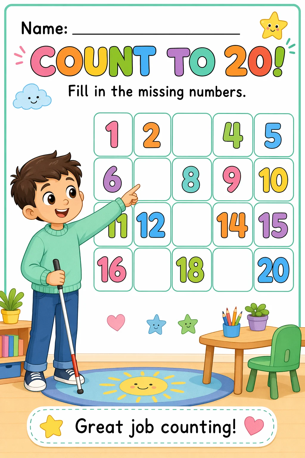 Counting Worksheet — school room — free Kindergarten worksheet