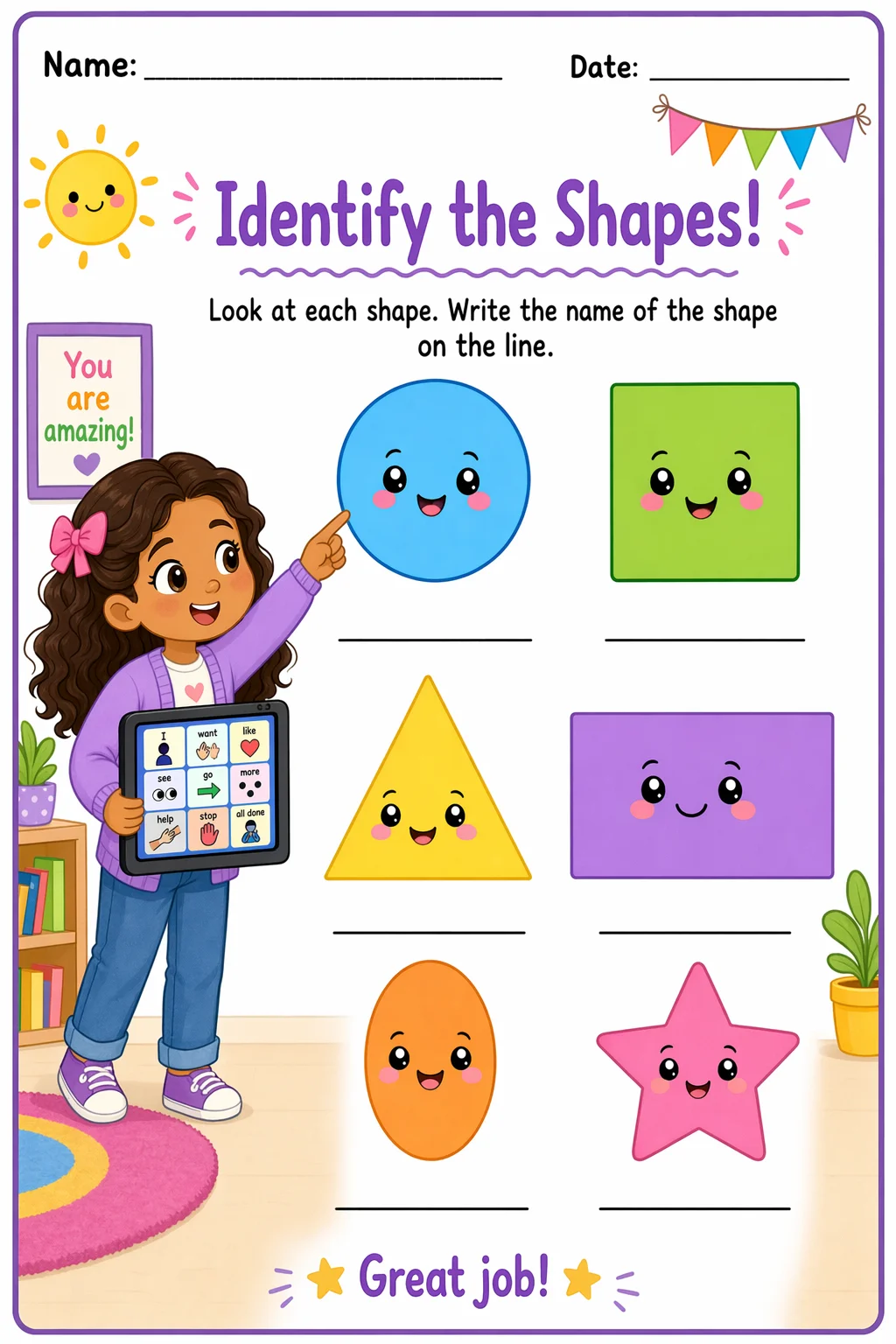 Shapes Worksheet — school room — free Kindergarten worksheet